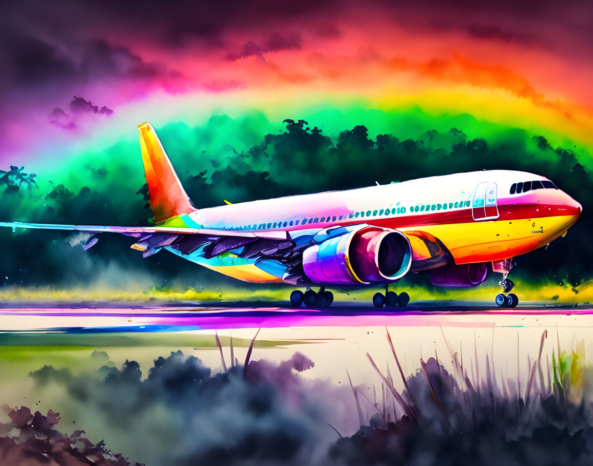 Colorful Airplane Landing/Take-Off Illustration at Sunset