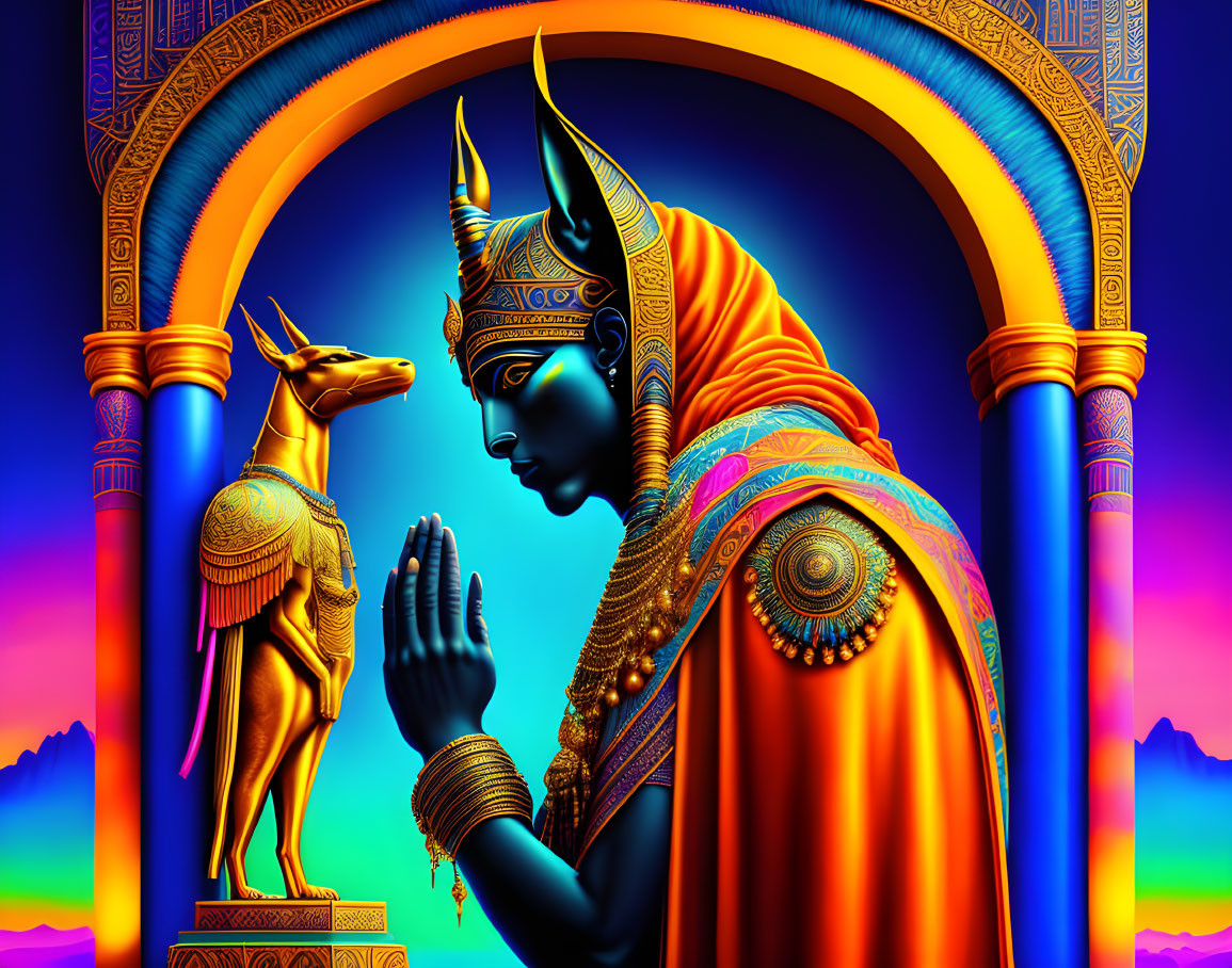 Colorful artwork: Anubis-headed figure saluting Anubis statue in Egyptian attire