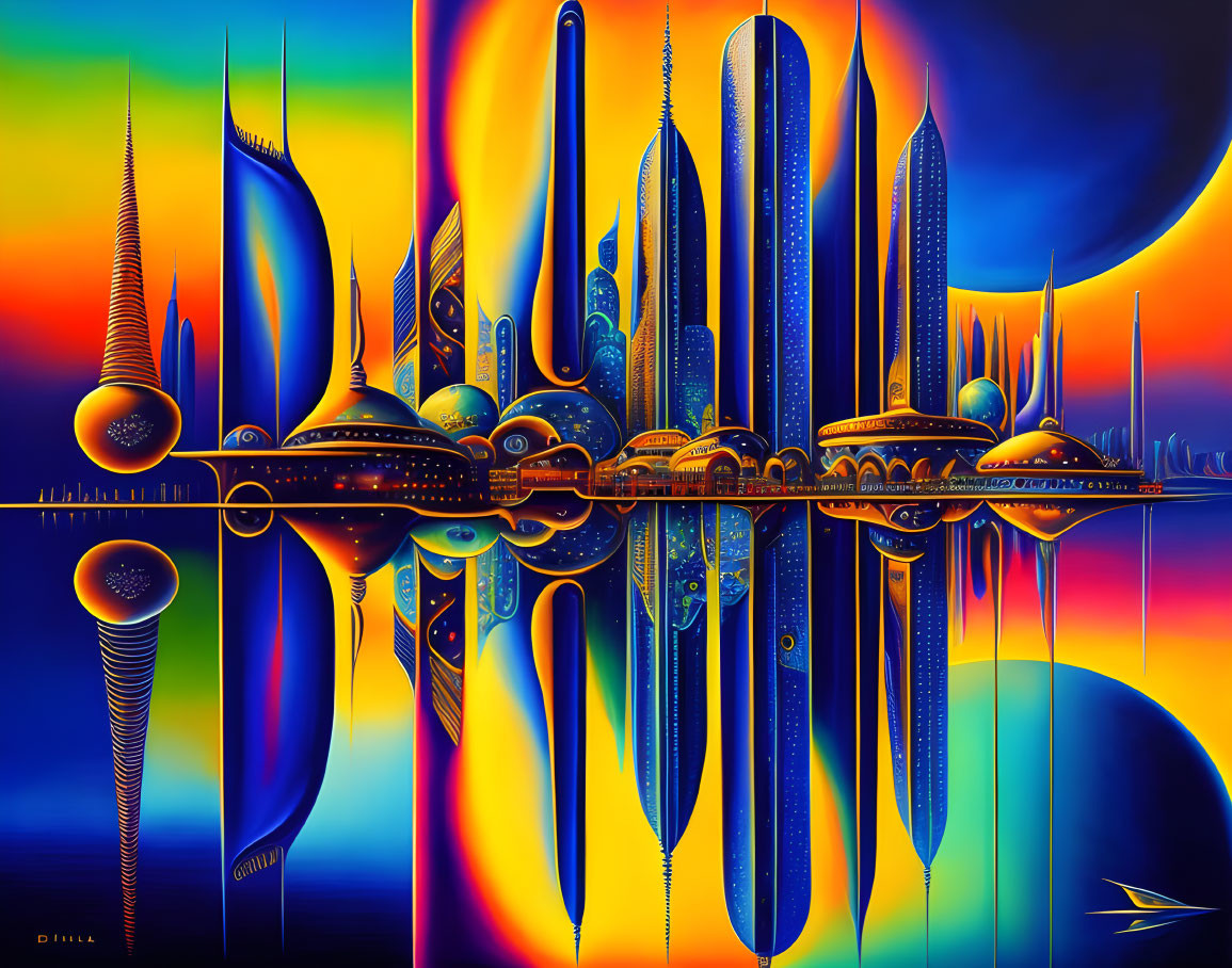 Futuristic cityscape with tall spires and colorful sky reflection