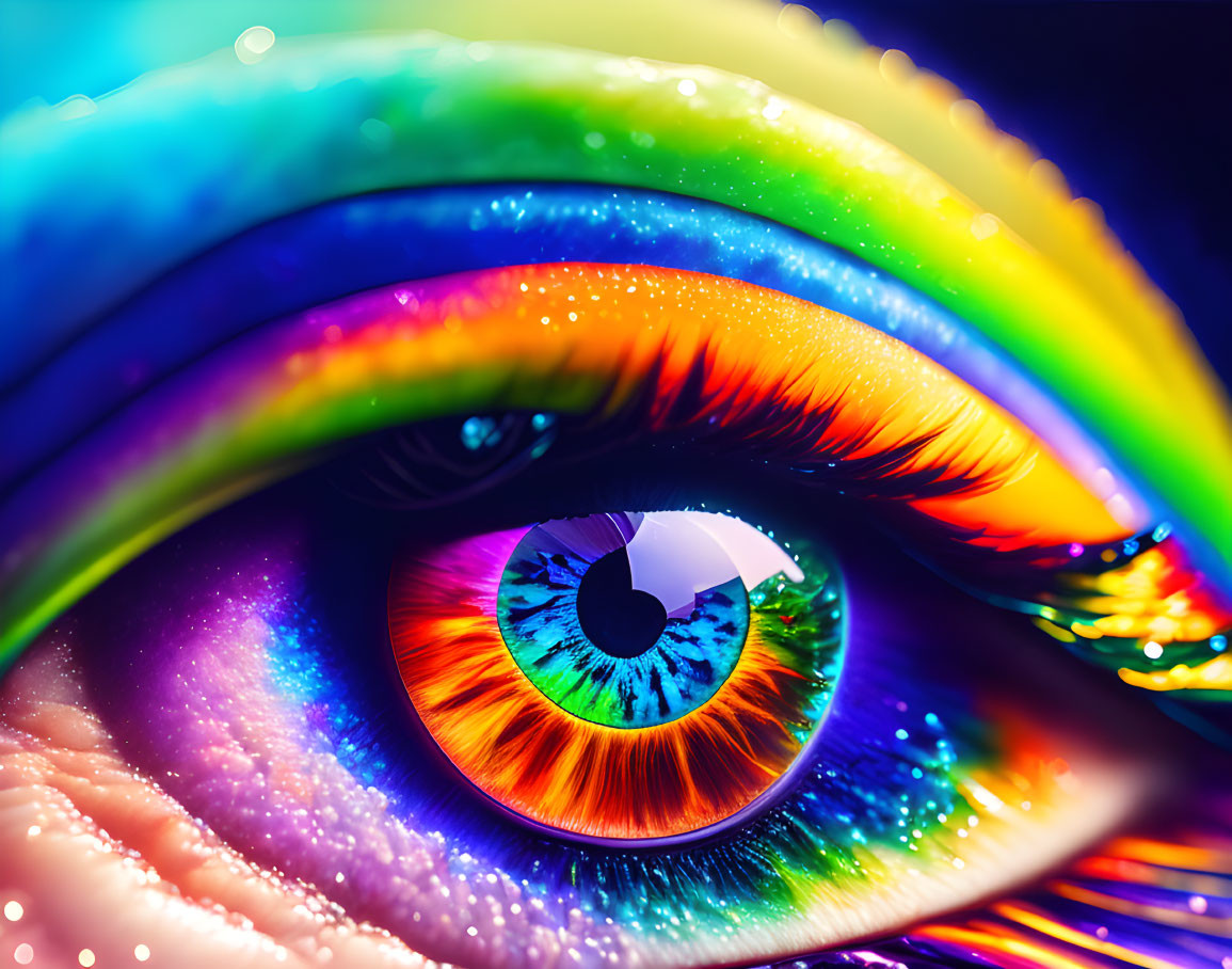 Detailed close-up of rainbow-hued eye iris spiraling colors