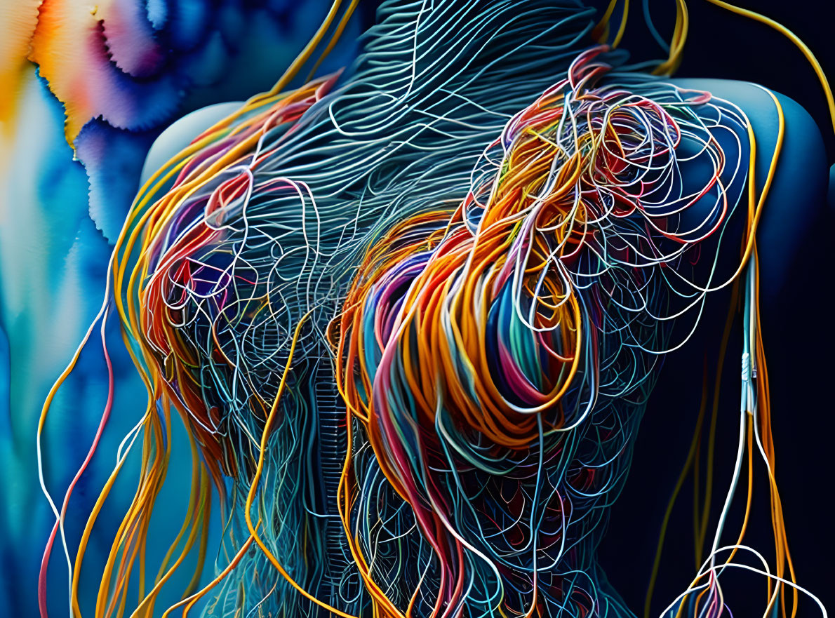 Vibrant abstract digital art on human silhouette with wire-like strands and fractal patterns