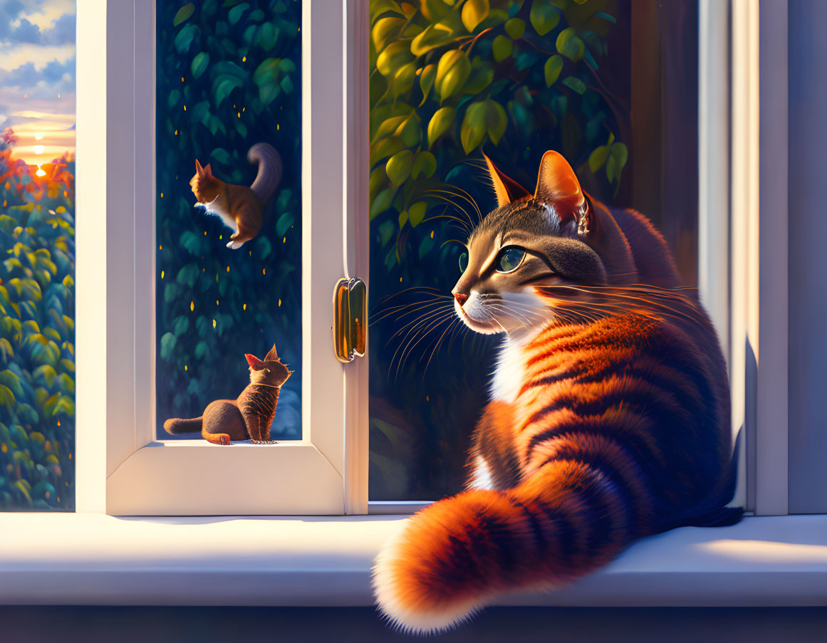 Three cats on windowsill, fence, and branch at sunset