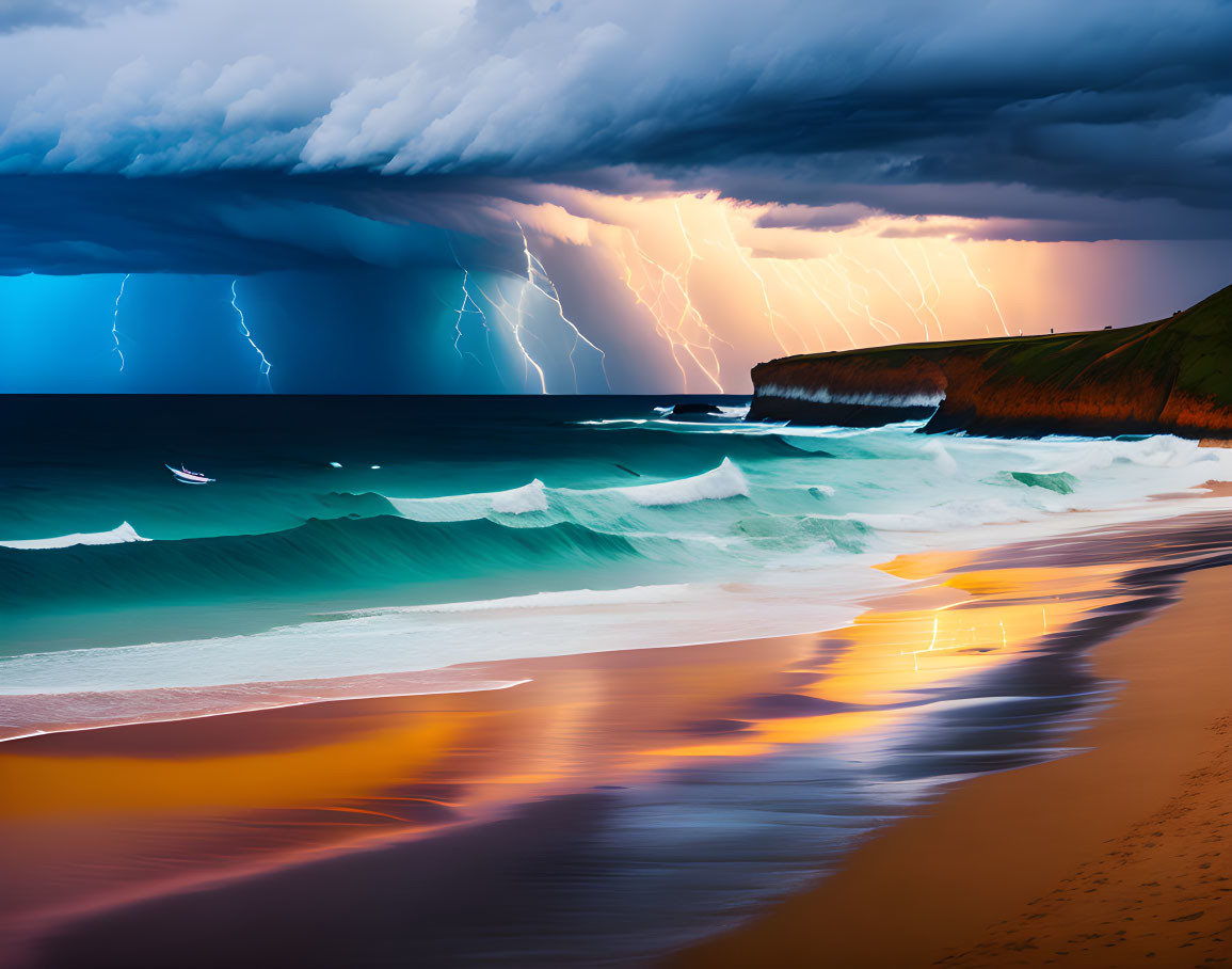 Stormy Coastal Scene: Lightning Strikes Over Ocean Cliff