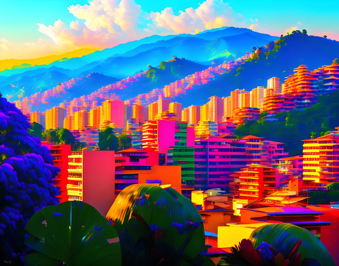 Colorful cityscape with high-rise buildings and sunset sky over green mountains