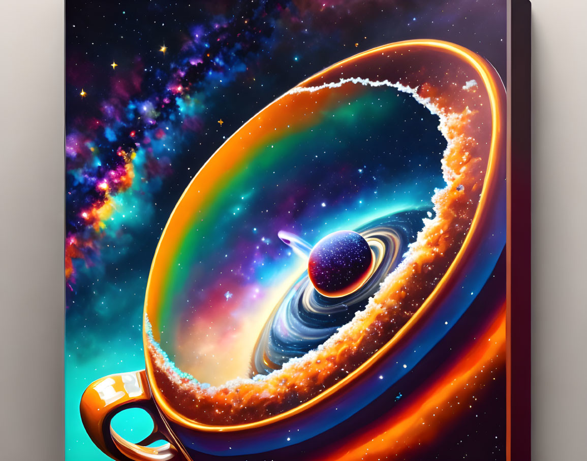 Digital Artwork: Cosmic Scene with Planet and Galaxy in Coffee Cup