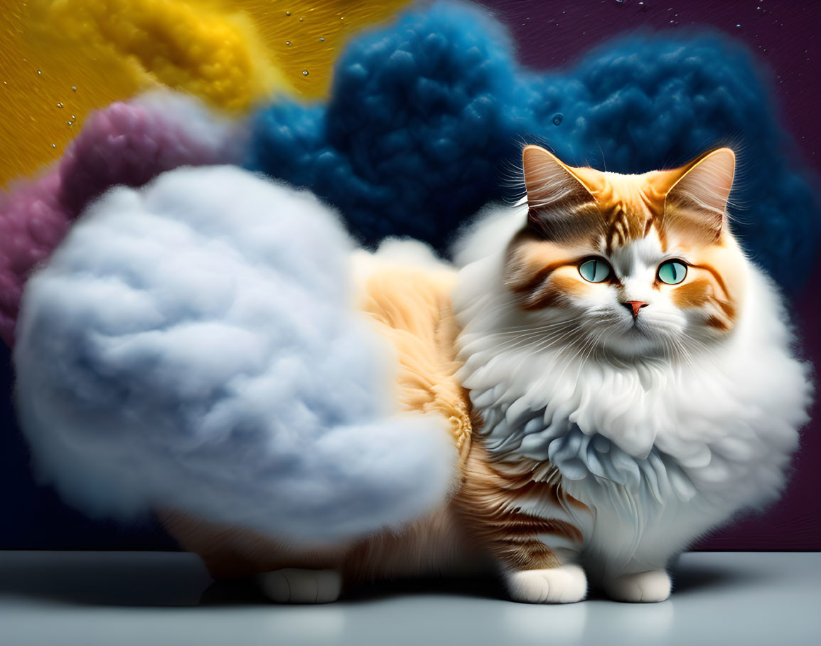 Fluffy Orange and White Cat with Blue Eyes Against Colorful Cloud Backdrop