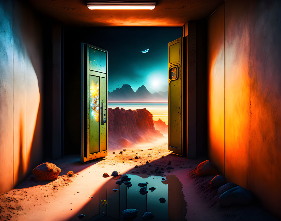 Surreal landscape with mountains, moon, and sea view through open doorway