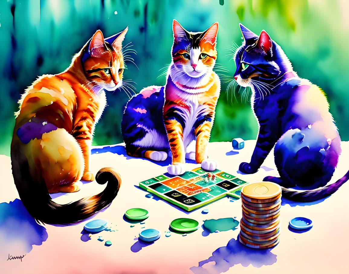 Colorful Cats Playing Board Game with Tokens and Coins