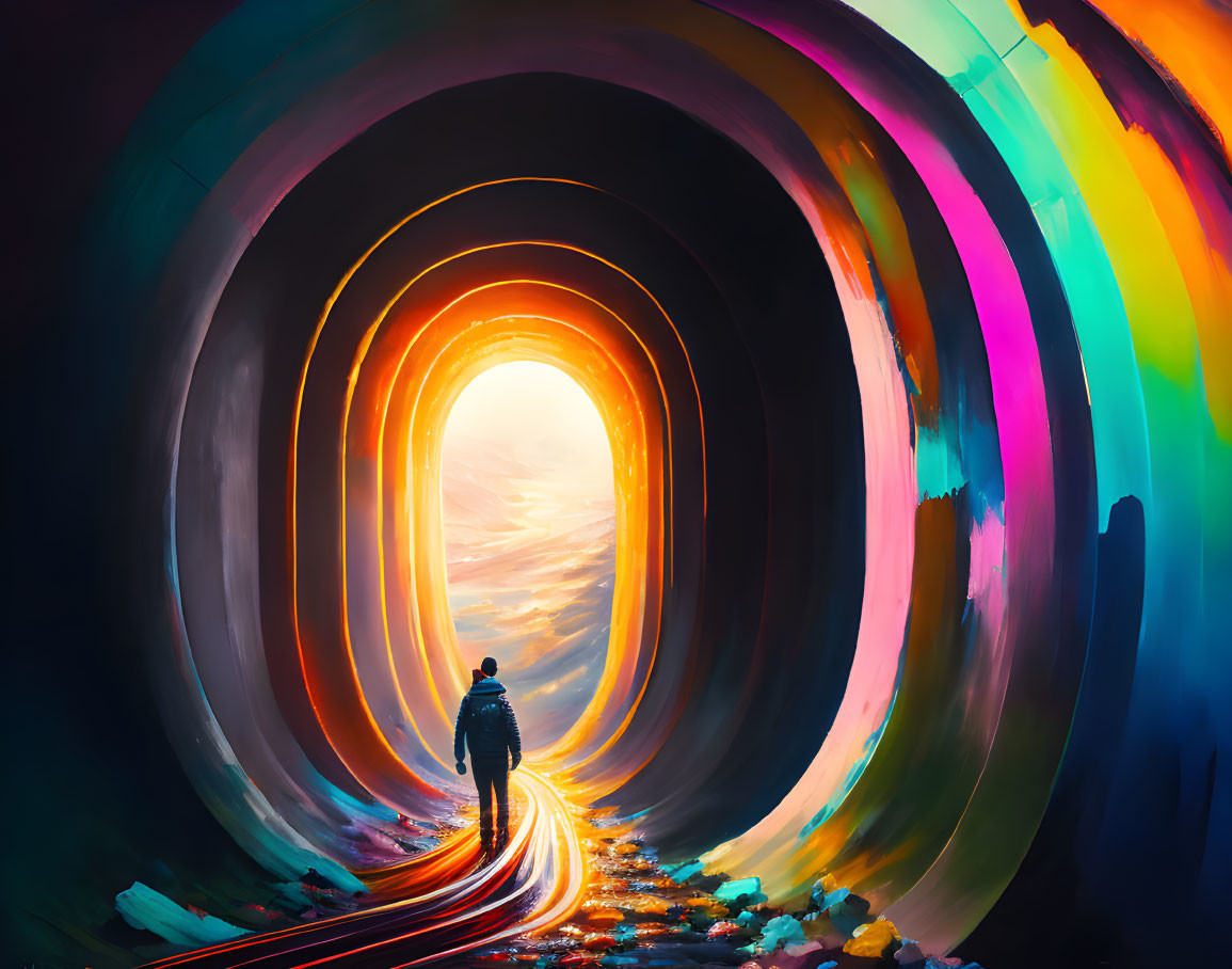 Vibrant multicolored tunnel with warm light at the end