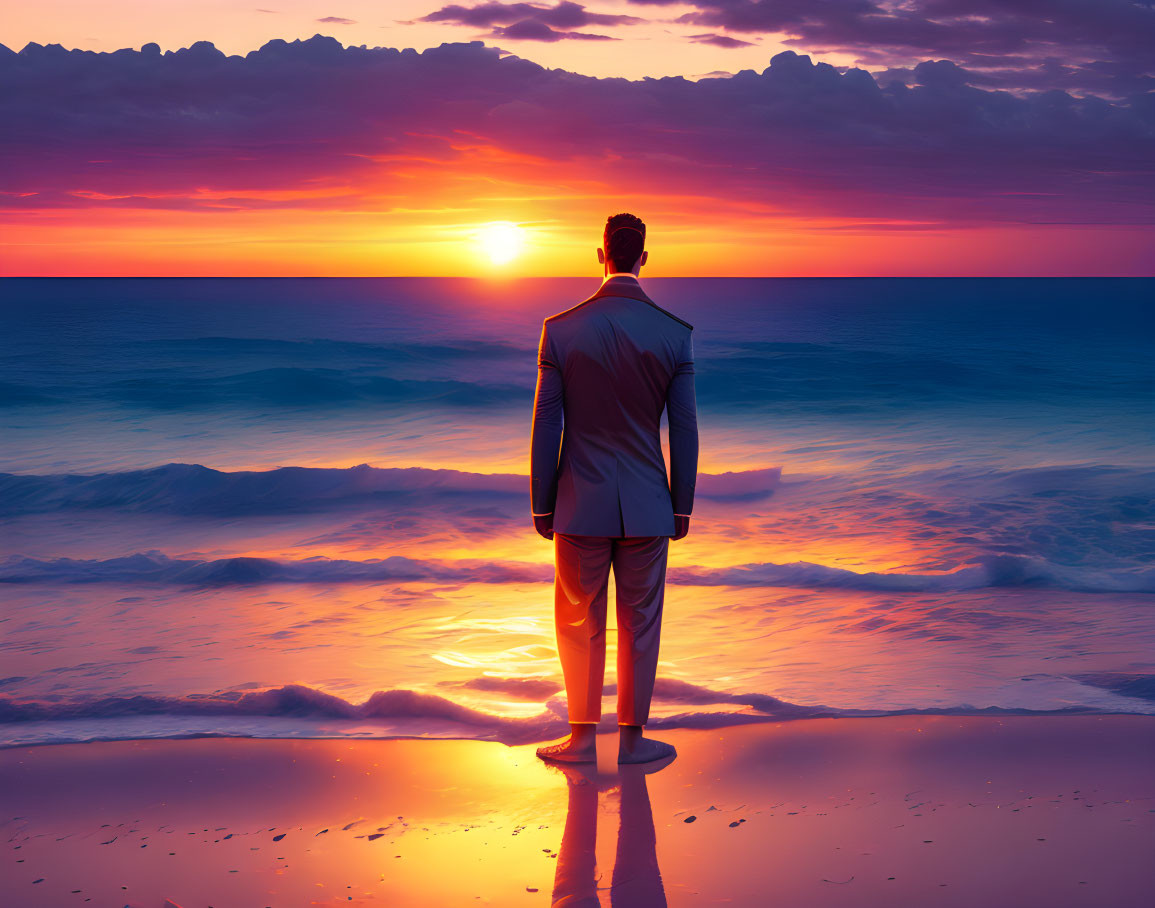 Man in suit gazes at vibrant ocean sunset on beach