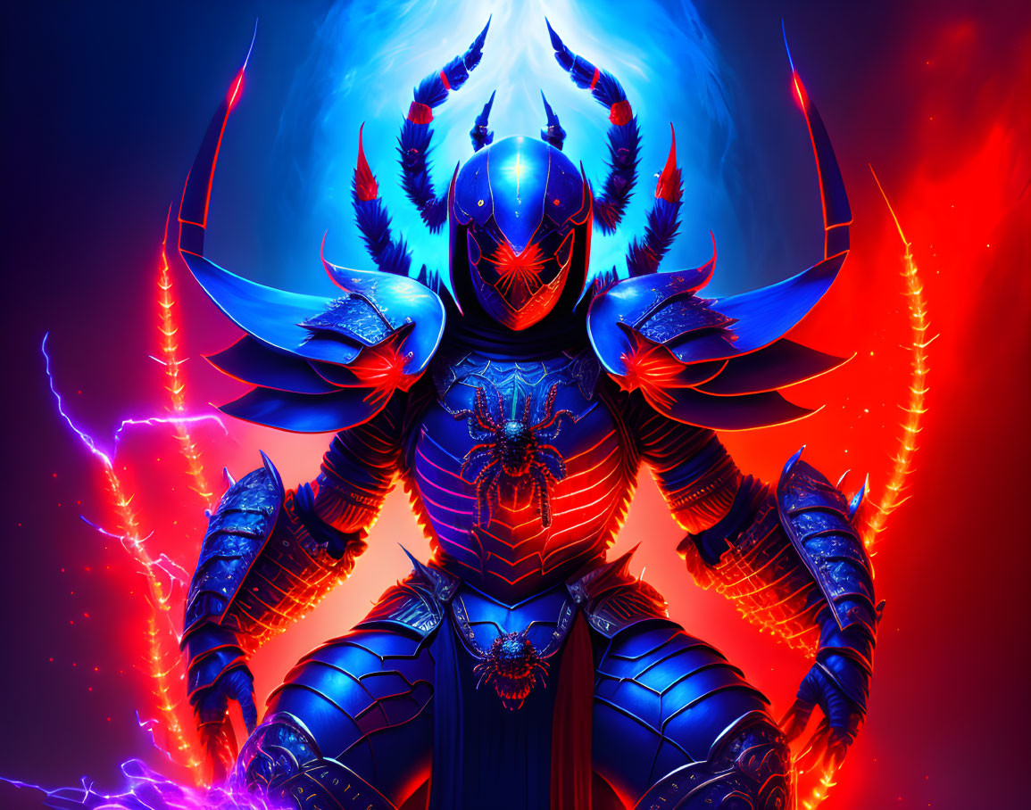 Fantasy armored warrior with glowing blue armor in red lightning.