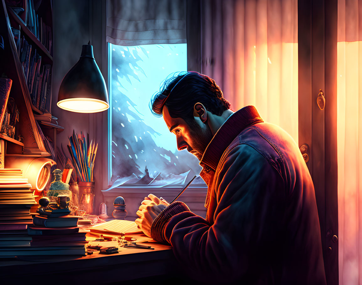 Man writing at cluttered desk near window on snowy night