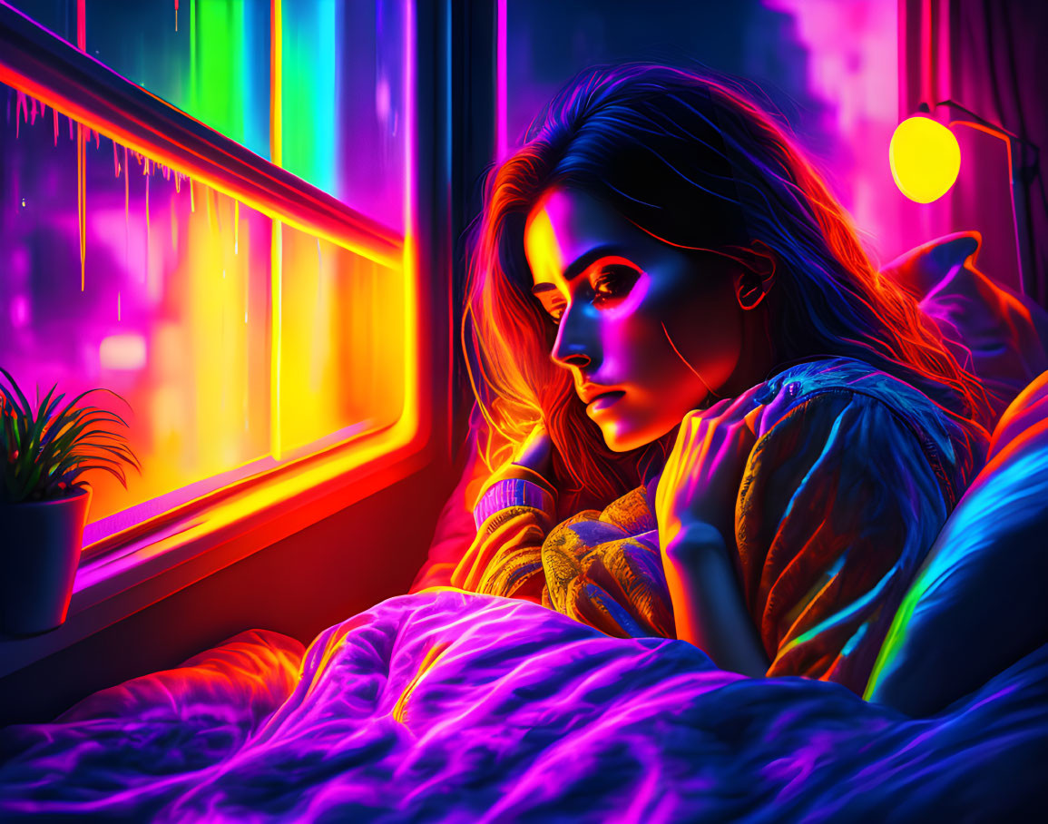 Woman gazing out neon-lit window at night in purple and blue hues