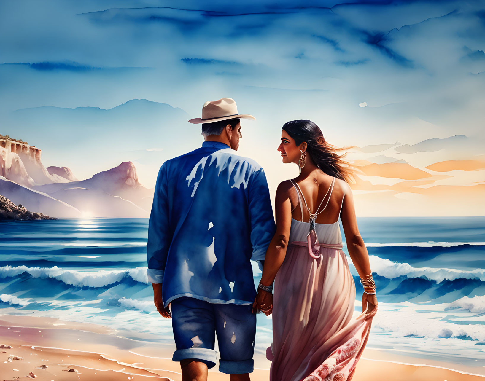 Couple walking on beach at sunset with cliffs and serene sea in background