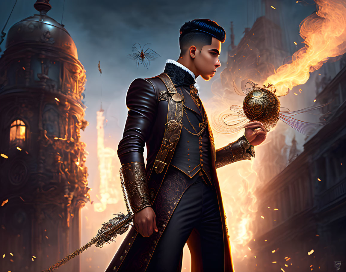 Stylish individual with mohawk in fantastical cityscape with glowing orb and flying contrapt