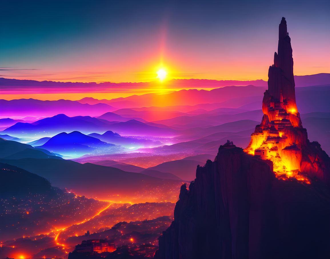 Vibrant sunset over neon fantasy landscape with rock spire