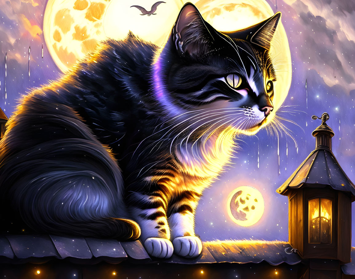 Black and white cat on roof under full moon with lantern