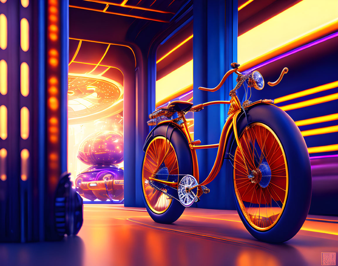 Retro-futuristic bicycle in neon-lit corridor with classic car