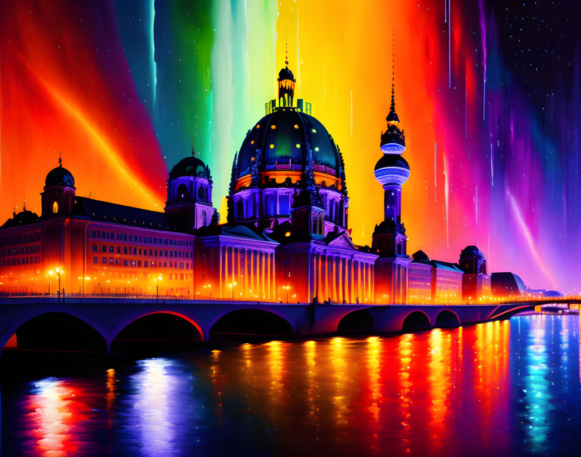 Colorful aurora borealis over vibrant cityscape with illuminated buildings, bridge, and water reflection