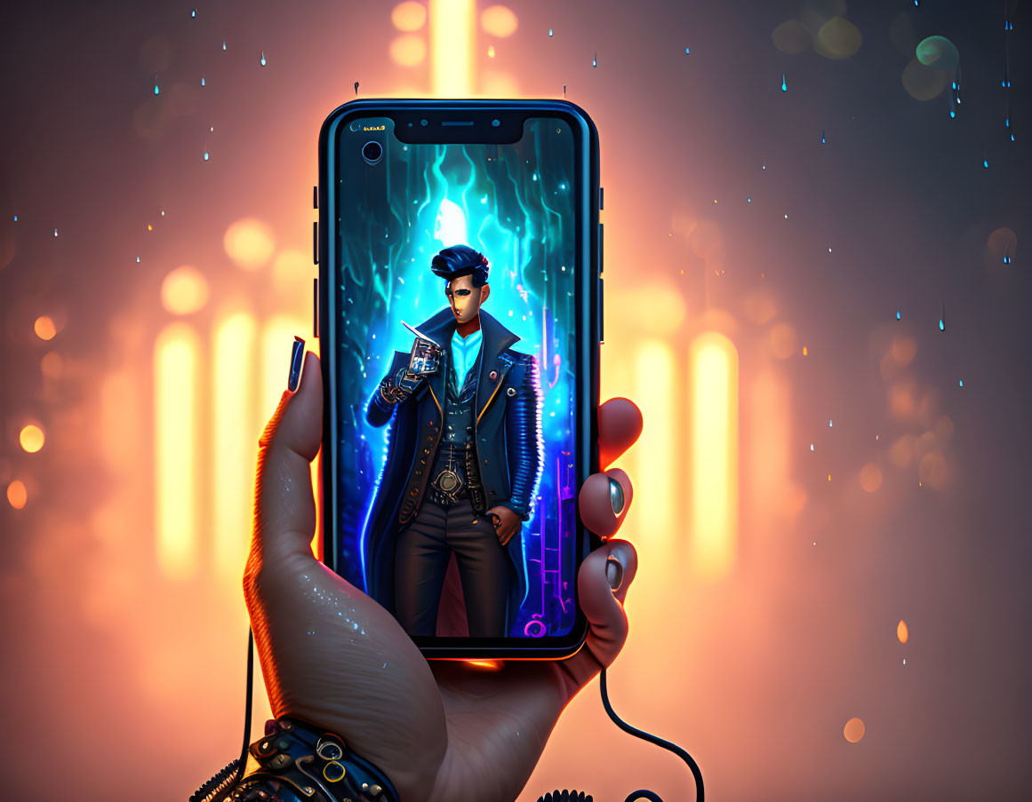 Smartphone displaying futuristic character in neon attire against abstract background