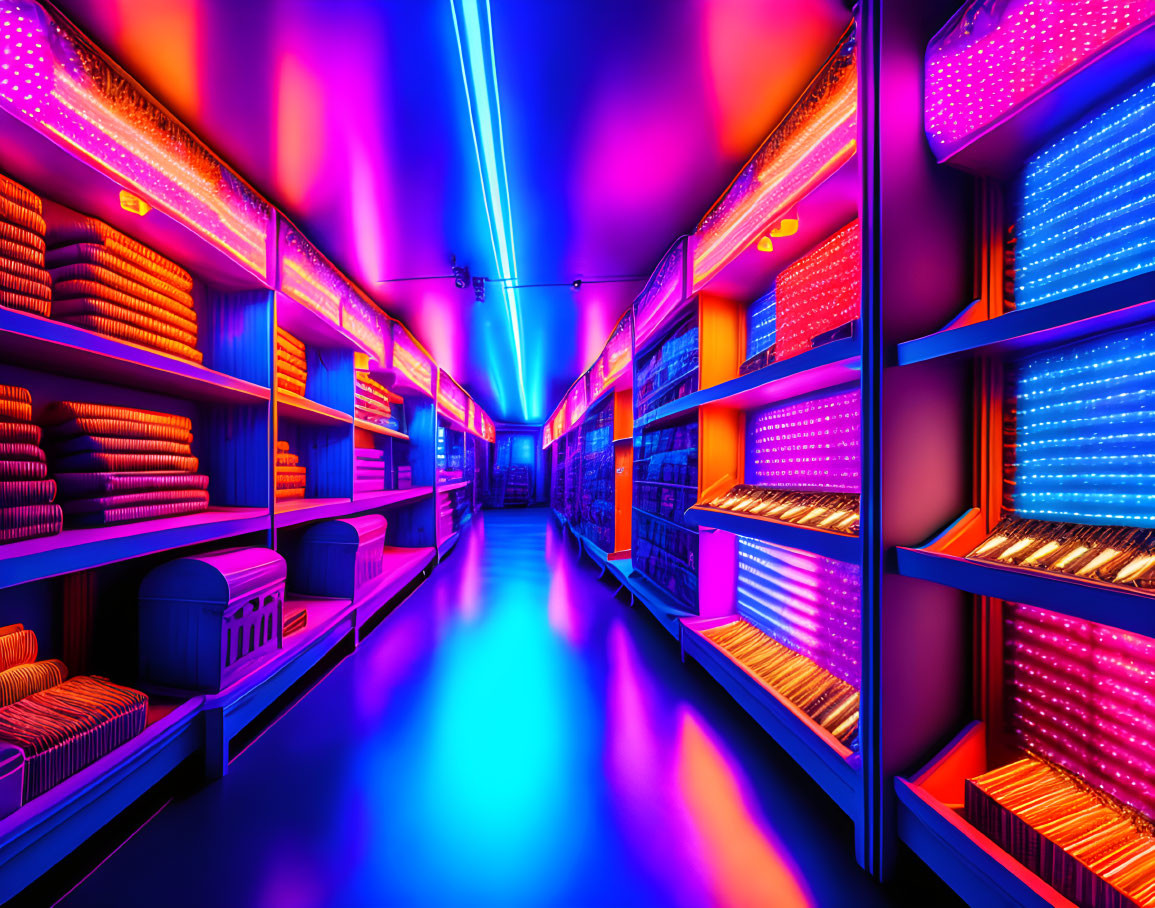 Vibrant grocery store aisle with neon lights & futuristic product packaging