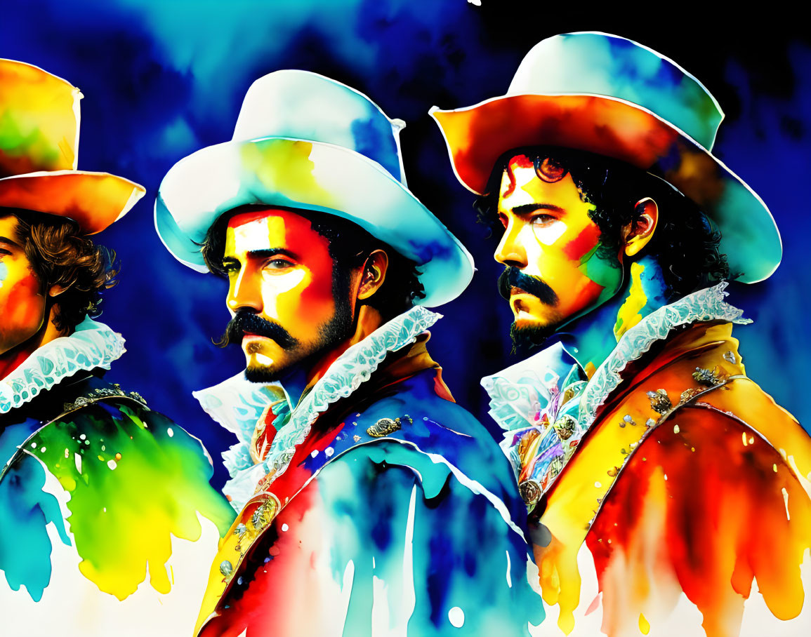 Three men in flamboyant cowboy attire against blue backdrop