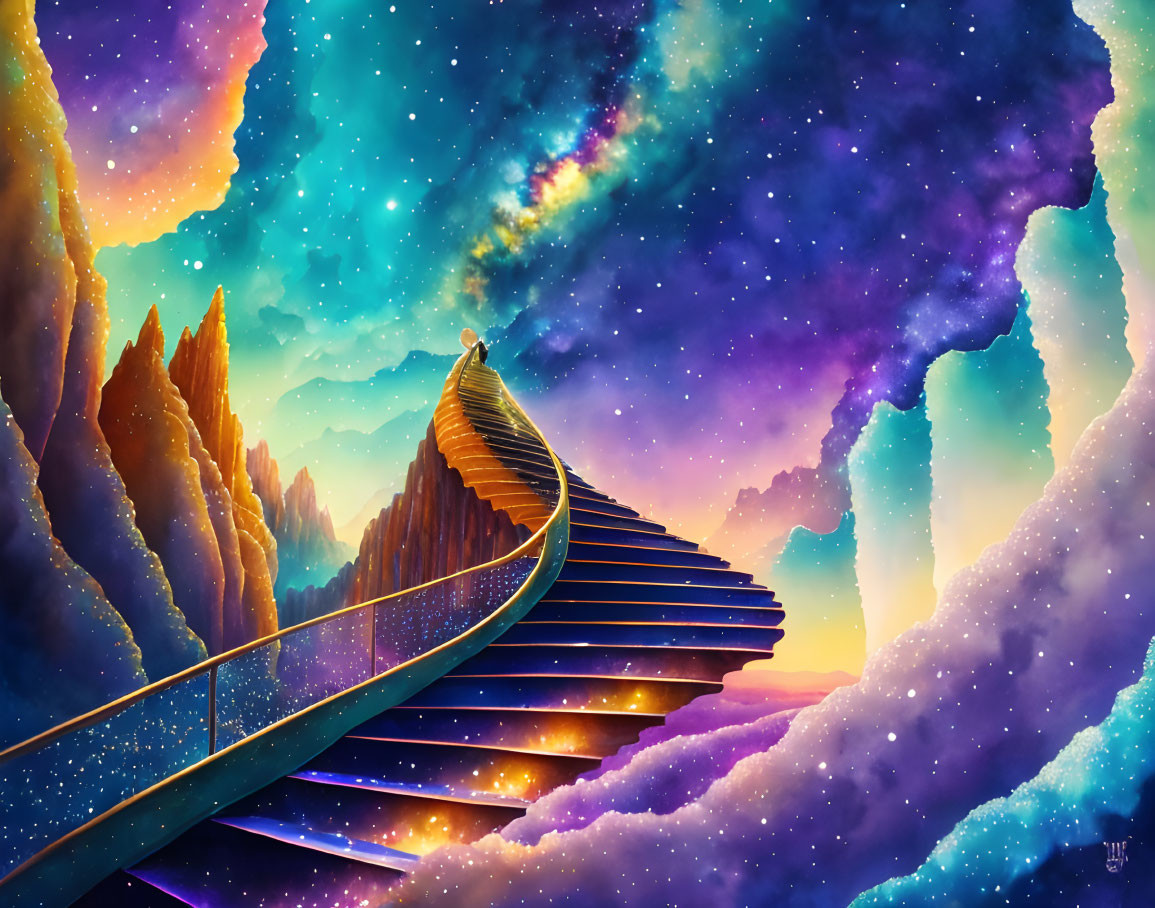 Colorful digital artwork: Staircase to stars amid cosmic clouds