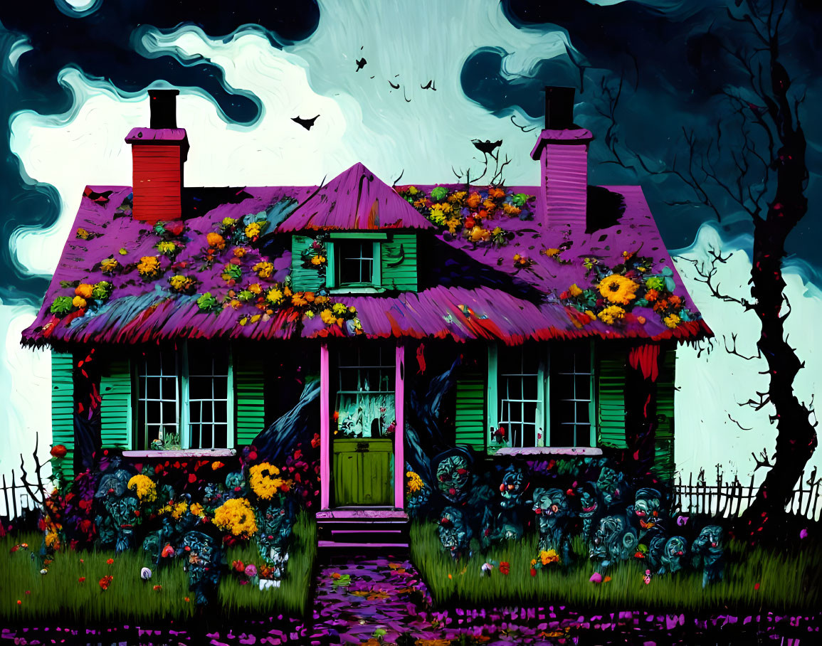 Colorful cottage with flower-covered roof in stormy setting.