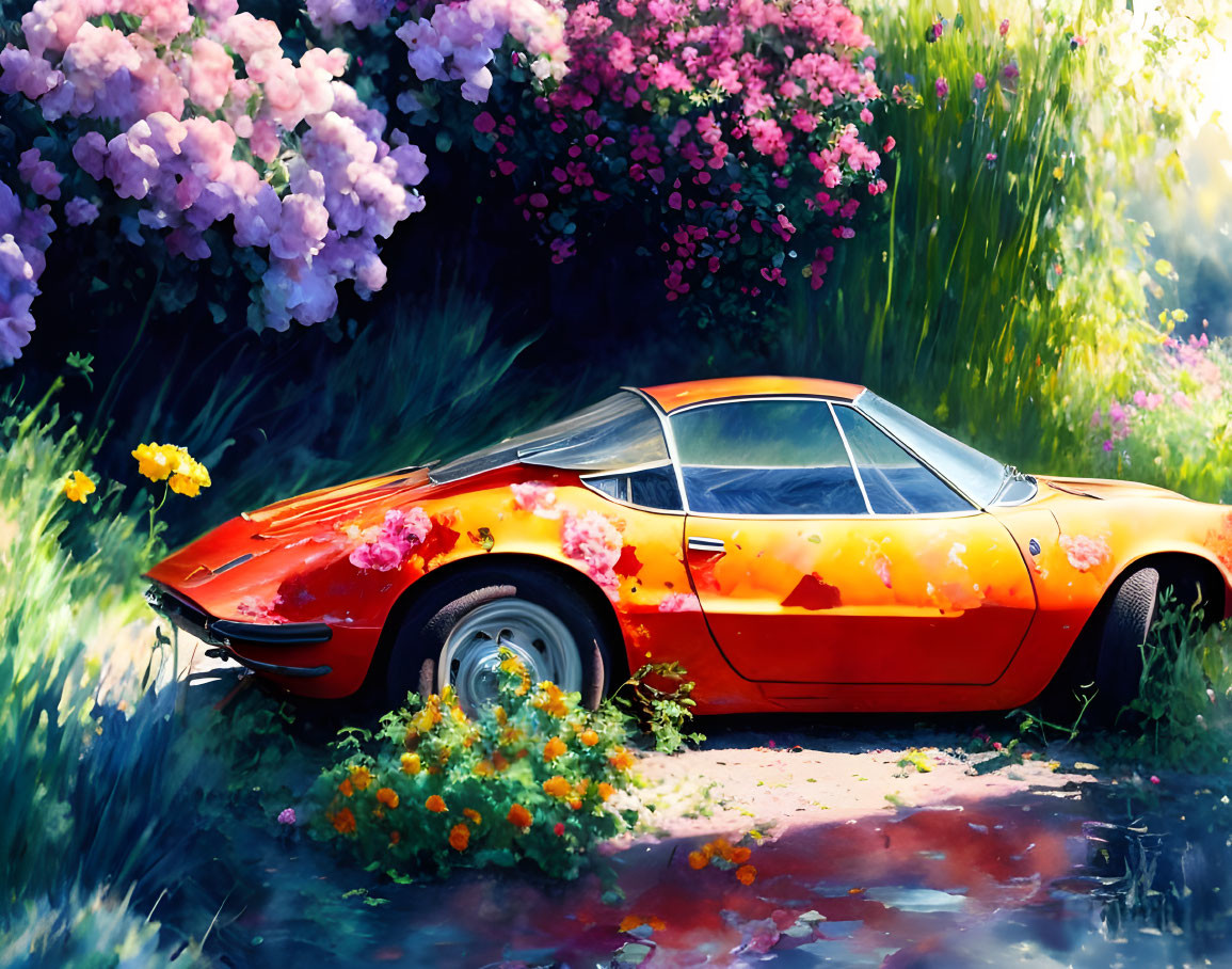 Red Sports Car Surrounded by Blooming Flowers and Greenery