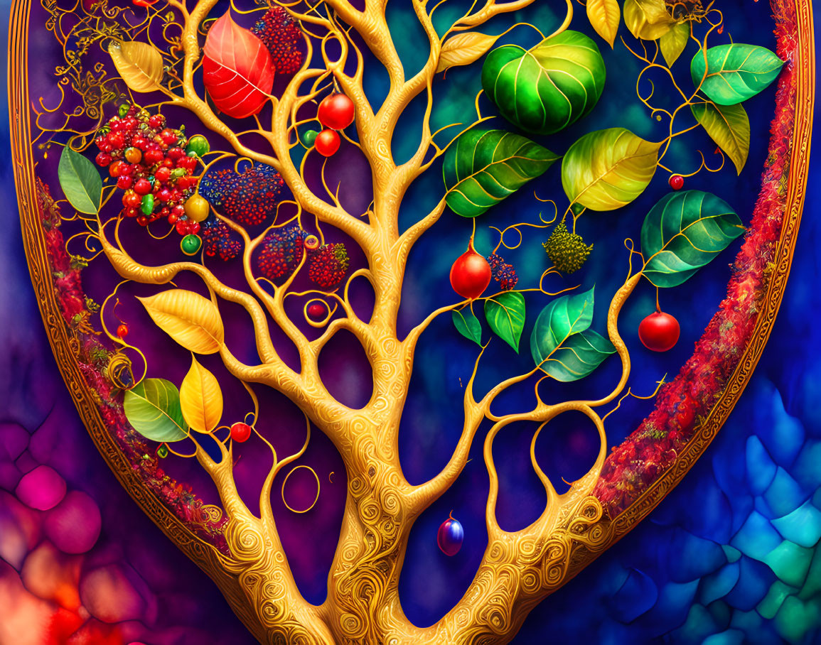 Colorful surreal artwork: Golden tree with fruit in crescent border