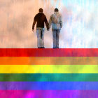 Vibrant rainbow pathway with two people walking, colorful birds in background