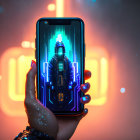 Smartphone displaying futuristic character in neon attire against abstract background