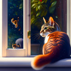 Three cats on windowsill, fence, and branch at sunset