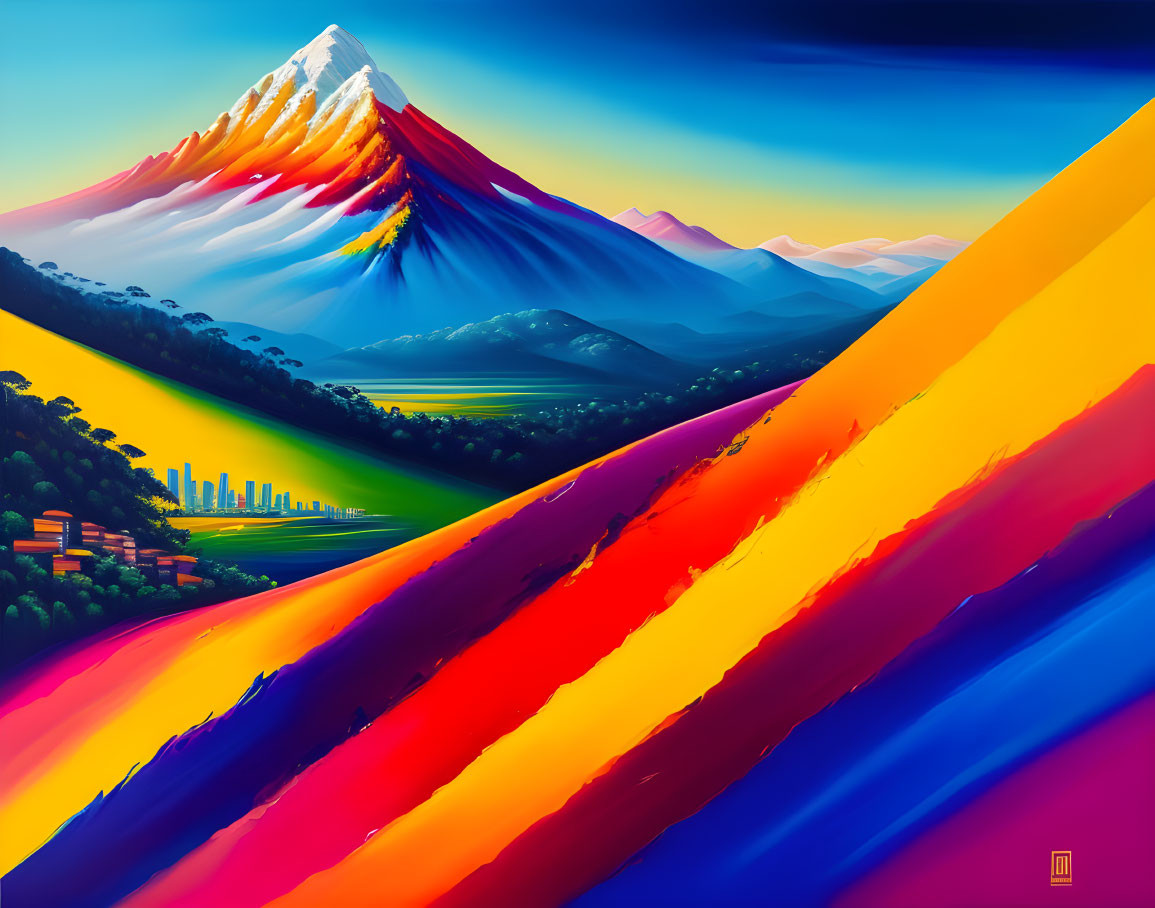 Colorful Surreal Landscape with Cityscape, Hills, and Snow-Capped Mountain