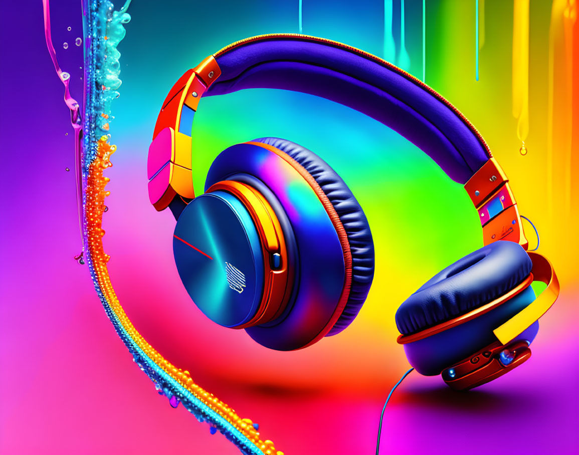 Vibrant Multicolored Headphones on Neon Gradient Background