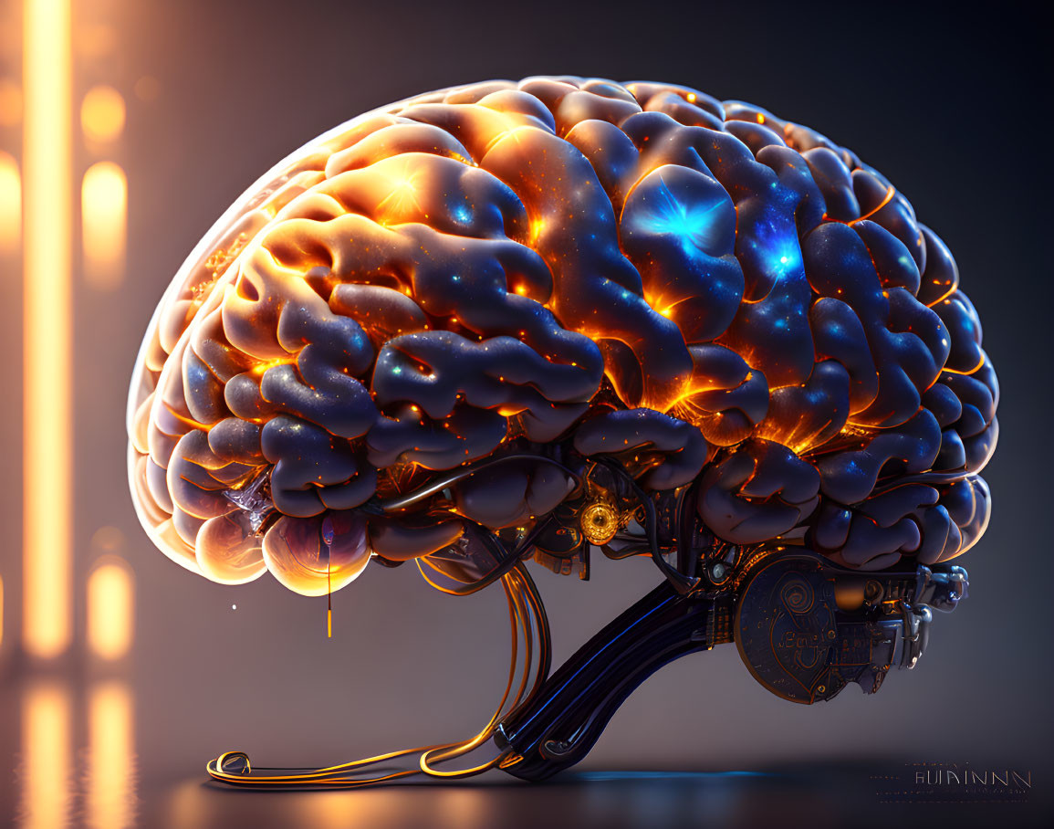 Futuristic mechanical brain with glowing neural pathways and gears