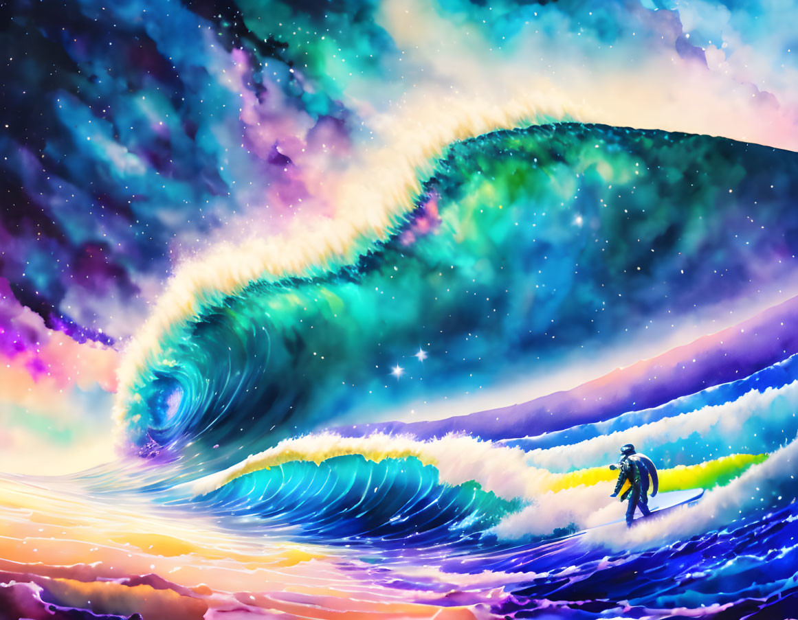 Surfer facing vibrant cosmic wave in surreal ocean