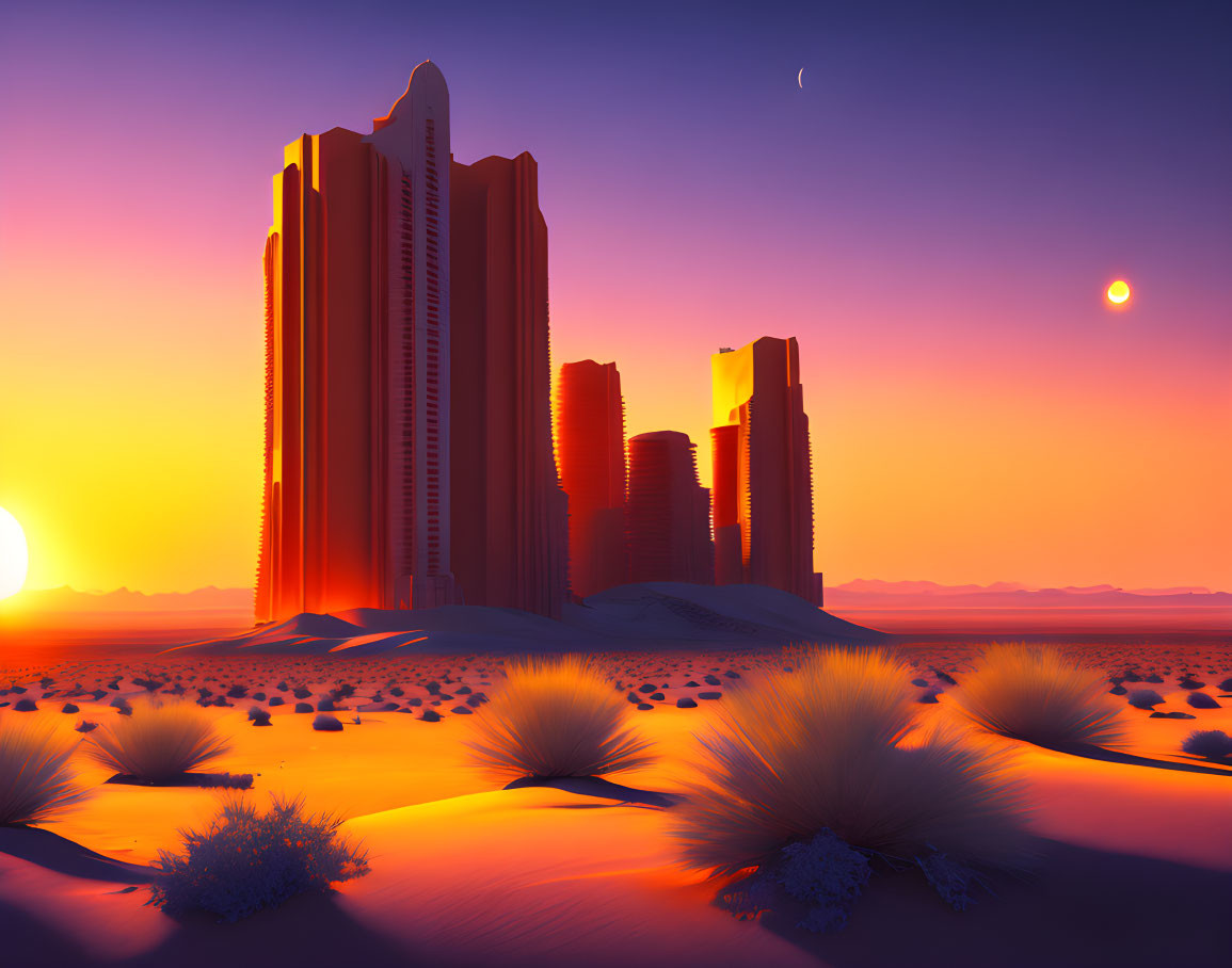 Futuristic desert cityscape with towering buildings and exotic plants at sunset