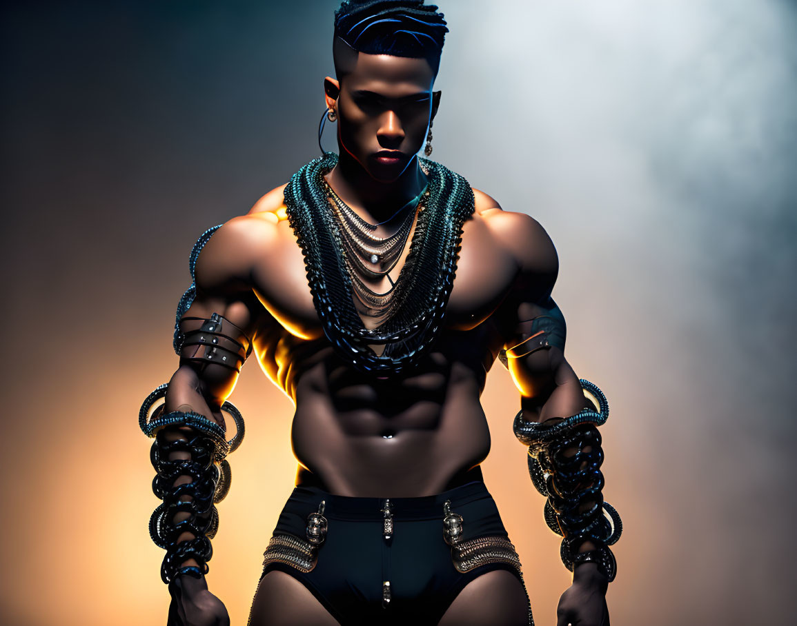 Muscular figure with styled hair in chains and dark attire on smoky background.