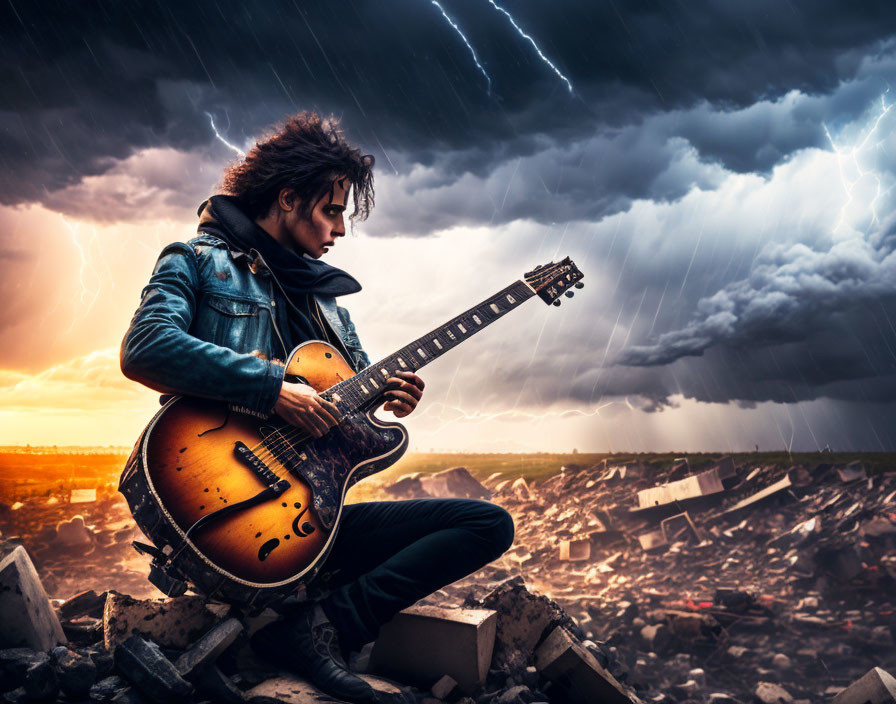 Person with Guitar Sits Under Stormy Sky