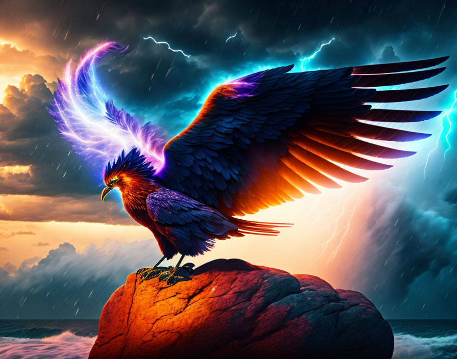 Colorful eagle with outstretched wings against stormy skies