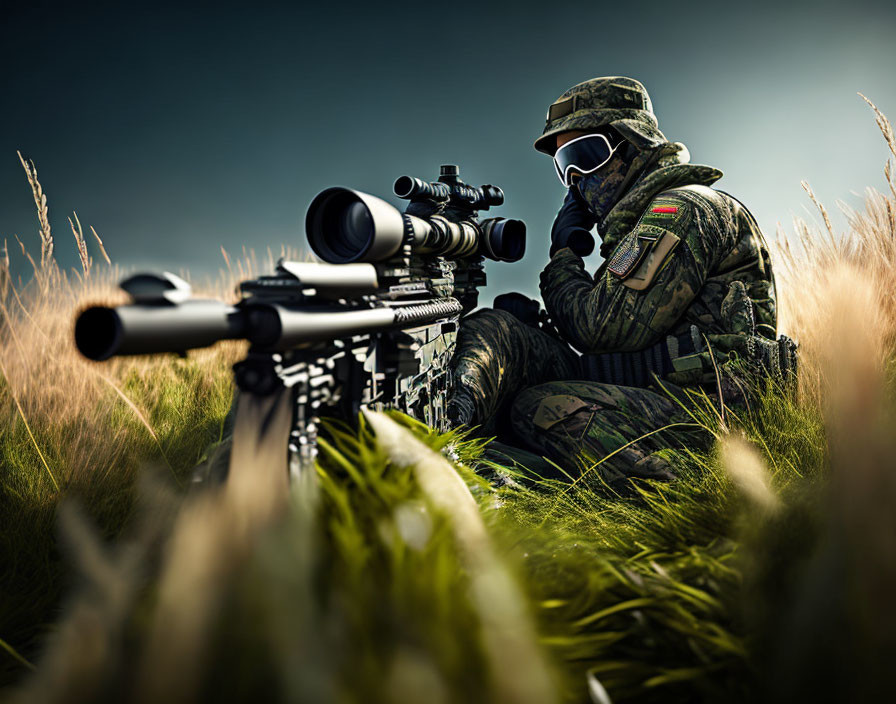 Camouflaged sniper in grass with scoped rifle.