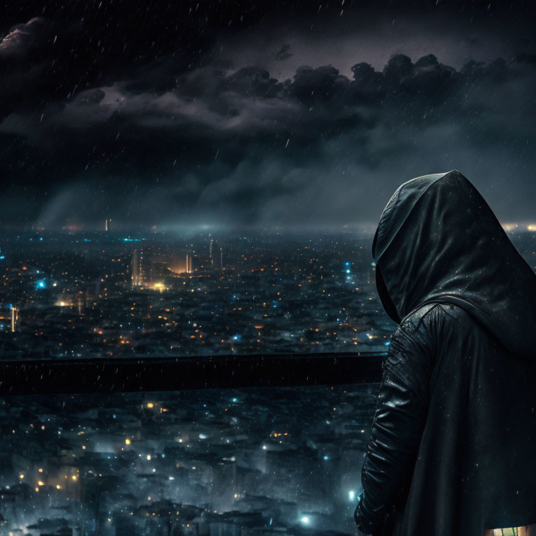 Hooded figure gazes over rainy cityscape at night