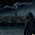 Hooded figure gazes over rainy cityscape at night