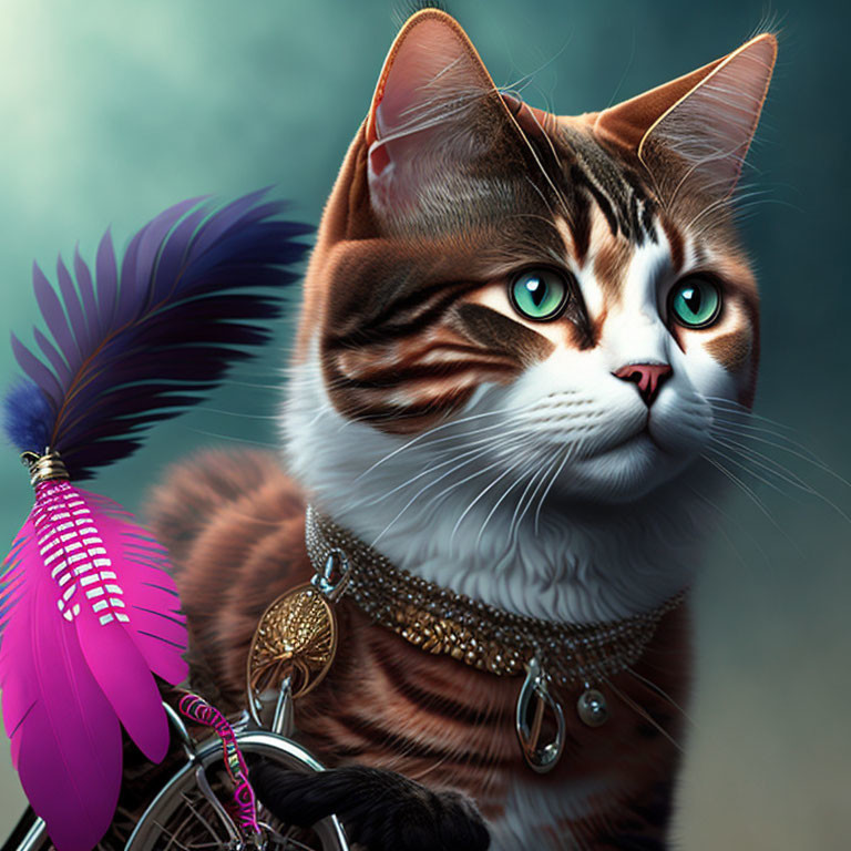 Detailed digital artwork of a cat with green eyes and intricate fur pattern wearing a feather and pendant necklace