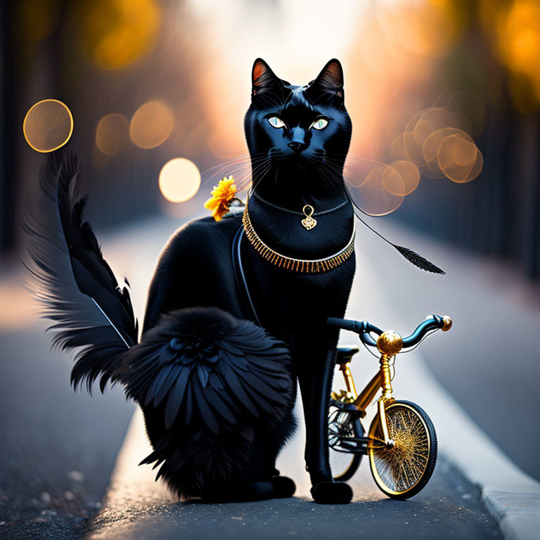 Stylized black cat with flower and pendant next to miniature bicycle on blurred street background