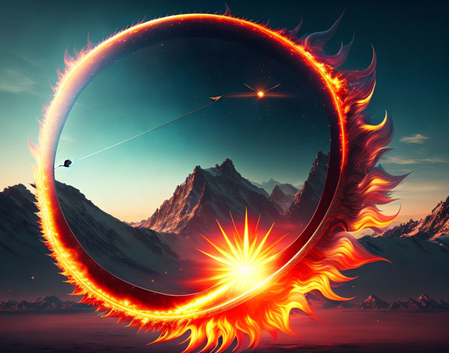 Fiery ring with phoenix-like tail against snowy mountains and twilight sky