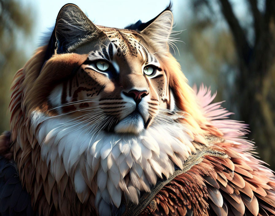 Digital Artwork: Tiger Face Blended with Owl Body and Blue Eyes