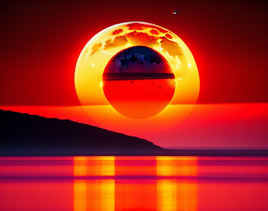 Surreal sunset digital artwork with layered planet and moon reflected on water surface