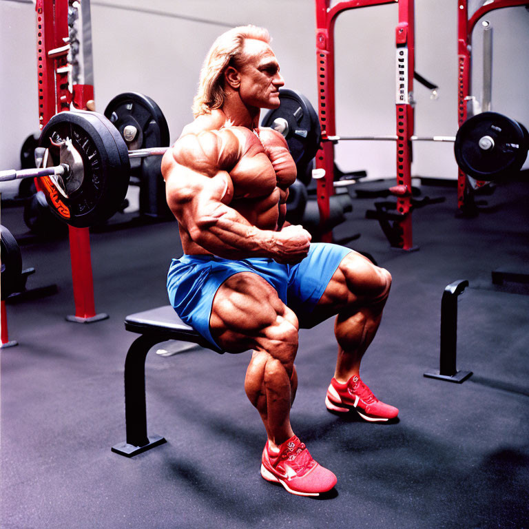 Muscular person doing bicep curls in gym attire